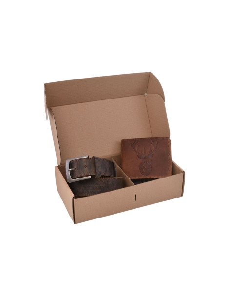 Poľovnícky darčekový set jeleň hlava 315 - pánska peňaženka 2911908-20 a pánsky kožený opasok tmavý tan šitý 747
